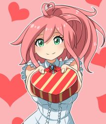 Rule 34 | 1girl, ahoge, brooch, collared shirt, frills, green eyes, heart, heart ahoge, heart background, jewelry, kay yu, looking at viewer, medium hair, original, pink-haired girl (kay yu), pink background, pink hair, ponytail, pov, red neckwear, shirt, short sleeves, solo, valentine, white shirt