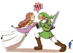 Rule 34 | !, 1boy, 1girl, blue eyes, blush, brown hair, dress, earrings, elbow gloves, gameplay mechanics, gloves, goma tonbi, hat, holding, holding sword, holding weapon, jewelry, link, long hair, master sword, nintendo, pikmin (creature), pikmin (series), pointy ears, princess zelda, super smash bros., sword, the legend of zelda, the legend of zelda: twilight princess, tiara, weapon