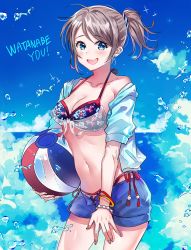 Rule 34 | 1girl, :d, ahoge, alternate hairstyle, artist name, ball, beachball, bikini, bikini under clothes, blue eyes, blue jacket, blue shorts, blush, bracelet, breasts, character name, cleavage, cowboy shot, day, earrings, floral print, front-tie bikini top, front-tie top, hair ornament, hair scrunchie, halterneck, hyugo, jacket, jewelry, love live!, love live! school idol festival, love live! sunshine!!, medium breasts, navel, off-shoulder jacket, off shoulder, open fly, open mouth, outdoors, ponytail, print bikini, scrunchie, short shorts, short sleeves, shorts, side-tie bikini bottom, sidelocks, smile, solo, striped clothes, striped scrunchie, swimsuit, swimsuit under clothes, watanabe you, water drop