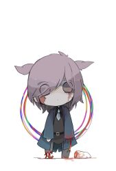 Rule 34 | 1girl, belt, black belt, black shirt, blood, blue coat, chibi, closed mouth, coat, collared shirt, commentary request, dot nose, employee (project moon), eyes visible through hair, grey pants, grey vest, hair over one eye, highres, lobotomy corporation, long sleeves, multicolored eyes, open clothes, open coat, pants, project moon, purple hair, severed limb, shirt, shizunu, simple background, solo, two side up, vest, white background