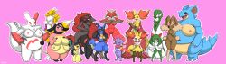 Rule 34 | 6+girls, :3, abs, absurdres, animal ears, animal hands, annoyed, arched back, arm behind head, arm up, arms up, ass, black eyes, black hair, black sclera, blaziken, blue eyes, blush, braixen, breasts, brown eyes, claws, cleavage, clenched teeth, clothes lift, collarbone, colored sclera, cow ears, cracking knuckles, creatures (company), crossed arms, delphox, detached sleeves, digimon, digimon (creature), dildo, embarrassed, extra breasts, fang, fat, feet, fox ears, fox tail, frown, full body, furry, game freak, gardevoir, gen 1 pokemon, gen 2 pokemon, gen 3 pokemon, gen 4 pokemon, gen 5 pokemon, gen 6 pokemon, green eyes, green hair, hair ornament, hair over one eye, half-closed eyes, hand up, hands on own chest, hands on own hips, hands together, hands up, heart, highres, hooves, horns, huge breasts, incredibly absurdres, kewon, kirlia, large breasts, legs apart, lifting own clothes, long hair, looking at viewer, looking away, looking to the side, lopunny, lucario, mawile, medium breasts, miltank, multicolored hair, multiple girls, navel, nervous, nidoqueen, nintendo, nipples, no pussy, one eye closed, open mouth, pink background, pink sclera, platinum blonde hair, plump, pokemon, pokemon (creature), pokemon bw, pokemon dppt, pokemon gsc, pokemon rgby, pokemon rse, pokemon xy, rabbit ears, rabbit tail, red eyes, red hair, red sclera, renamon, sex toy, short hair, simple background, single horn, skirt, skirt lift, small breasts, smile, standing, tail, teeth, thigh gap, tongue, tongue out, twintails, two-tone hair, very long hair, weavile, wide hips, wink, wolf ears, yin yang, zangoose, zoroark