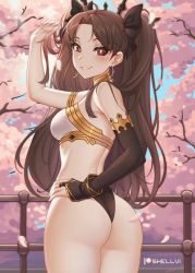 Rule 34 | 1girl, armlet, artist name, ass, asymmetrical sleeves, bare shoulders, breasts, bridal gauntlets, brown hair, cherry blossoms, commentary request, crown, day, earrings, fate/grand order, fate (series), from behind, hair ribbon, highres, hoop earrings, ishtar (fate), jewelry, long hair, looking at viewer, medium breasts, neck ring, outdoors, parted bangs, red eyes, ribbon, shellvi, smile, solo, two side up, uneven sleeves