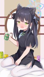 Rule 34 | 1girl, animal ears, beer can, black dress, black hair, blue archive, blue halo, blush, can, china dress, chinese clothes, dress, drink can, drunk, green eyes, half-closed eyes, halo, highres, holding, holding can, long hair, looking at viewer, short sleeves, shun (blue archive), shun (small) (blue archive), sitting, solo, thighhighs, tiger ears, wariza, white thighhighs, zhnyy3