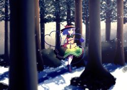 Rule 34 | 1girl, absurdres, arms behind back, blurry, depth of field, eyebrows hidden by hair, forest, green eyes, green skirt, hat, heart, heart of string, highres, komeiji koishi, looking away, medium hair, nature, outdoors, silver hair, skirt, smile, snow, snowing, solo, standing, third eye, touhou, tree, wrainman