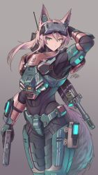 Rule 34 | 1girl, absurdres, animal ears, arm behind head, armor, bags under eyes, commission, earpiece, gradient background, green eyes, grey background, gun, halo (series), handgun, head-mounted display, highres, holding, holding gun, holding weapon, long hair, looking at viewer, original, pink hair, ponytail, power armor, rifle, signature, smile, solo, spartan (halo), tail, virtual youtuber, weapon, weapon on back, zhvo