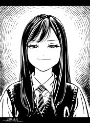 Rule 34 | 1girl, closed mouth, dated, greyscale, highres, horikou, letterboxed, long hair, looking at viewer, monochrome, necktie, reiko (super cub), school uniform, shirt, signature, smile, smug, solo, striped necktie, super cub, upper body, vest
