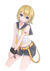 Rule 34 | 1girl, belt, black sailor collar, black shorts, blonde hair, blue eyes, chain, closed mouth, collarbone, collared shirt, cropped legs, cuffs, hair between eyes, handcuffs, highres, kagamine rin, katorea, looking at viewer, navel, neckerchief, sailor collar, sailor shirt, shirt, short hair, short shorts, shorts, simple background, sleeveless, sleeveless shirt, solo, standing, stomach, vocaloid, white background, white shirt, yellow belt, yellow neckerchief