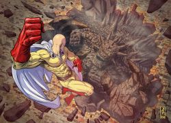 Rule 34 | 1boy, absurdres, ancient king, bald, epic, fighting, flying, highres, monster, muscular, one-punch man, saitama (one-punch man), sharp teeth, standing, teeth