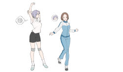 Rule 34 | 2girls, absurdres, armpits, ball, black shorts, blue pants, blue track suit, breasts, brown eyes, brown hair, chinese commentary, collared shirt, commentary request, hair over one eye, haoxiangkan nutong, highres, knee pads, kyou wa kanojo ga inai kara, long sleeves, medium breasts, multiple girls, natsume nanase, open mouth, pants, parted lips, purple eyes, purple hair, shirt, short hair, short sleeves, shorts, simple background, socks, speech bubble, spoken character, stretching, thought bubble, volleyball (object), white background, white shirt, white socks, yuki (kyou wa kanojo ga inai kara)