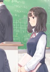 Rule 34 | 12 graka, 1boy, 1girl, 1other, absurdres, black hair, black skirt, blush, book, brown eyes, brown hair, chalkboard, classroom, commentary request, dress, formal, from behind, from side, highres, holding, holding book, jacket, long sleeves, math, medium hair, neck ribbon, notebook, original, pinafore dress, pinstripe pattern, pinstripe suit, pleated skirt, red ribbon, ribbon, school uniform, shirt, short hair, skirt, sleeveless, sleeveless dress, solo focus, standing, striped clothes, striped jacket, suit, white shirt