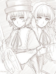 Rule 34 | 1girl, capelet, dress, frilled dress, frilled hairband, frilled shirt collar, frills, hairband, hat, highres, hiyajou maho, holding, long hair, looking at viewer, messy hair, monochrome, ribbon, scissors, sketch, steins;gate, steins;gate 0, tagme, very long hair