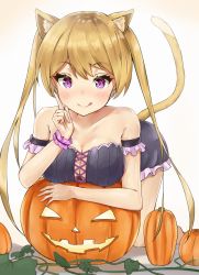 Rule 34 | 1girl, :q, animal ears, arm rest, armband, bare shoulders, bent over, black dress, blonde hair, blush, cat ears, cat girl, cat tail, closed mouth, collarbone, commentary request, dress, frilled dress, frills, highres, index finger raised, jack-o&#039;-lantern, kneeling, long hair, looking at viewer, original, plant, pumpkin, purple eyes, racchi., simple background, smile, solo, tail, tongue, tongue out, tsurime, twintails, very long hair, vines, white background, wrist cuffs