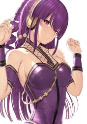 Rule 34 | 1girl, bare shoulders, blush, breasts, chain, character request, cleavage, collarbone, copyright request, dress, drill hair, hakaba (dairiseki), headphones, highres, large breasts, long hair, looking at viewer, open mouth, purple dress, purple eyes, purple hair, solo, wrist cuffs