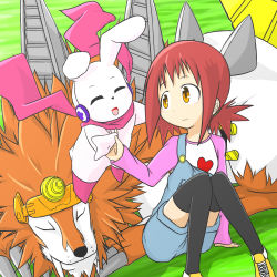 Rule 34 | cutemon, digimon, digimon xros wars, dorulumon, drill, headphones, heart, hinomoto akari, looking at another, low twintails, smile, twintails