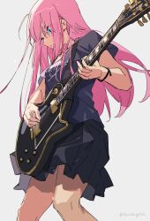 Rule 34 | 1girl, black skirt, blue eyes, bocchi the rock!, cable tie, closed mouth, electric guitar, gotoh hitori, guitar, highres, holding, holding instrument, instrument, long hair, music, one side up, pink hair, playing instrument, pleated skirt, shirt, simple background, skirt, solo, t-shirt, thundergotch