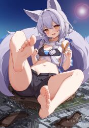 Rule 34 | 1girl, :3, absurdres, animal ears, arknights, barefoot, bikini, black bikini, black shorts, blush, braid, breasts, chinese commentary, cleavage, commentary request, commission, cropped jacket, dated, extra ears, fang, feet, foot focus, foreshortening, full body, giant, giantess, hair between eyes, highres, jacket, lens flare, long hair, looking at viewer, medium breasts, midriff, navel, official alternate costume, open fly, open mouth, paid reward available, presenting foot, provence (arknights), provence (casual vacation) (arknights), purple hair, reclining, short shorts, short sleeves, shorts, side braid, skin fang, soles, solo, swimsuit, synring97, tail, toes, variant set, white jacket, wolf ears, wolf girl, wolf tail, yellow eyes