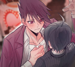 Rule 34 | 2boys, ahoge, bad id, bad twitter id, black hair, black jacket, blurry, blurry background, blurry foreground, blush, collarbone, commentary request, danganronpa (series), danganronpa v3: killing harmony, depth of field, facial hair, goatee, grey shirt, hand on own chest, hand up, highres, jacket, jacket on shoulders, kabedon, kimbok, looking at another, male focus, momota kaito, multiple boys, open clothes, pink eyes, purple hair, saihara shuichi, shirt, short hair, spiked hair, striped clothes, striped jacket, sweatdrop, white shirt, yaoi