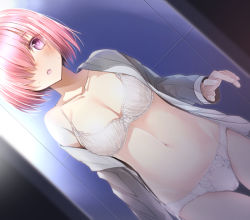 Rule 34 | 1girl, blush, bow, bow bra, bow panties, bra, breasts, cleavage, collarbone, commentary request, dutch angle, fate/grand order, fate (series), fingernails, groin, hair over one eye, jacket, long sleeves, looking at viewer, mash kyrielight, medium breasts, navel, open clothes, open jacket, open mouth, panties, pink hair, purple eyes, sakasa (guranyto), short hair, solo, tile wall, tiles, underwear, white bra, white jacket, white panties