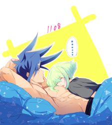 Rule 34 | 2boys, apri bot, arms around neck, bed, blue eyes, blue hair, earrings, closed eyes, galo thymos, green hair, jewelry, lio fotia, multiple boys, muscular, piercing, promare, topless male, simple background, sleeping, sleeping on person, yaoi