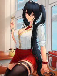 Rule 34 | 1girl, ahoge, azur lane, bag, between breasts, black hair, black thighhighs, breasts, buttons, cleavage, commentary, crossed bangs, desk, english commentary, female patron, hair between eyes, hair ornament, hair scrunchie, highres, indoors, large breasts, long hair, looking at viewer, manjuu (azur lane), miniskirt, money, nail polish, necktie, necktie between breasts, on desk, pleated skirt, prostitution, red eyes, red nails, red necktie, red scrunchie, red skirt, school bag, school desk, school uniform, scrunchie, shirt, short sleeves, sitting, on desk, skindentation, skirt, smirk, smug, solo, taihou (azur lane), thighhighs, thighs, tucked money, twintails, very long hair, white shirt, window, wrist scrunchie, zaphn
