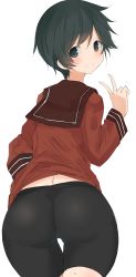 Rule 34 | 10s, 1girl, absurdres, ass, bike shorts, black legwear, blush, from behind, green eyes, green hair, hand on own hip, highres, kantai collection, looking at viewer, mogami (kancolle), nao (qqqbb), school uniform, serafuku, short hair, simple background, skindentation, smile, solo, swept bangs, thighs, twisted neck, v, very short hair