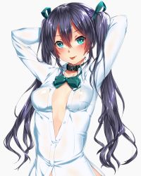 Rule 34 | 1girl, :p, aqua eyes, arms behind head, arms up, blush, bow, bowtie, breast pocket, breasts, breasts apart, buckle, buttons, closed mouth, collar, collarbone, collared shirt, dress shirt, embarrassed, gradient hair, green bow, green bowtie, hair between eyes, hair bow, highres, keita (tundereyuina), long hair, long sleeves, looking at viewer, multicolored hair, no bra, open clothes, open shirt, original, partially unbuttoned, pocket, red hair, shiny skin, shirt, simple background, small breasts, solo, tareme, tongue, tongue out, twintails, upper body, white background, white shirt, wing collar