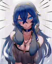 Rule 34 | 1girl, :o, arms up, bare shoulders, beata (walzrj), black choker, blush, breasts, bridal gauntlets, cardiogram, choker, cleavage, collarbone, crop top, crossed bangs, elf, hair between eyes, hairband, hands in hair, highres, jewelry, medium breasts, necklace, original, parted lips, pointy ears, solo, upper body, walzrj, yellow hairband