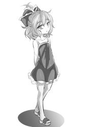 Rule 34 | 1girl, arms behind back, bow, child, female focus, greyscale, hair bow, hair ornament, hakano shinshi, kagiyama hina, looking at viewer, monochrome, open mouth, shadow, shirt, short hair, simple background, slippers, solo, standing, touhou, white background