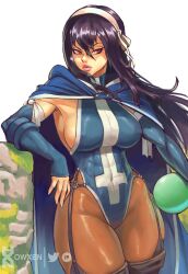 Rule 34 | 1girl, against wall, artist name, black hair, black thighhighs, blue cape, blue leotard, blue sleeves, breasts, cape, covered navel, detached sleeves, fairy tail, garter straps, hairband, highres, howxen, large breasts, leotard, long hair, patreon logo, red eyes, sideboob, simple background, solo, stone wall, thighhighs, twitter username, ultear milkovich, wall, watermark, white background, white hairband