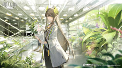 Rule 34 | 1girl, arknights, black choker, black skirt, bouquet, ceiling light, choker, closed mouth, coat, commentary request, copyright name, feet out of frame, flower, grey shirt, highres, holding, holding bouquet, indoors, kuuus, lab coat, laurels, light brown hair, long hair, long sleeves, looking at viewer, mole, mole under eye, muelsyse (arknights), open clothes, open coat, pink flower, pink rose, plant, pointy ears, railing, rose, shirt, skirt, solo, stairs, very long hair, white coat, white flower, white rose, wide shot