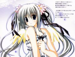 Rule 34 | 1girl, blue eyes, blush, breasts, cleavage, flower, grey hair, hair flower, hair ornament, hair ribbon, hand on another&#039;s chest, hand on own chest, korie riko, long hair, ribbon, solo, wings