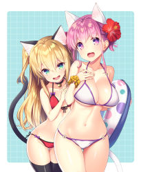 Rule 34 | 2girls, :d, :o, animal ear fluff, animal ears, aqua eyes, bare arms, bare shoulders, bell, bikini, black choker, black legwear, blonde hair, breasts, cat ears, cat girl, cat tail, choker, cleavage, collarbone, commentary request, cowboy shot, flower, front-tie bikini top, front-tie top, hair between eyes, hair flower, hair ornament, halterneck, hand on own chest, hibiscus, innertube, jingle bell, large breasts, long hair, looking at viewer, multiple girls, navel, open mouth, original, polka dot, purple eyes, purple hair, red bikini, red flower, scrunchie, short hair, side-tie bikini bottom, skindentation, smile, standing, stomach, swim ring, swimsuit, tahya, tail, thigh gap, thighhighs, thighs, two side up, white bikini, wrist scrunchie