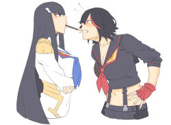 Rule 34 | 2girls, arms under breasts, black hair, blue eyes, blue neckerchief, blush, breasts, clenched teeth, collarbone, cropped torso, dyun, food, gloves, kill la kill, kiryuuin satsuki, large breasts, long hair, long sleeves, looking at another, matoi ryuuko, multicolored hair, multiple girls, navel, neckerchief, pleated skirt, pocky, pocky kiss, profile, red gloves, red hair, red neckerchief, sailor collar, school uniform, senketsu, shared food, short hair, siblings, sisters, skirt, stomach, teeth, white sailor collar