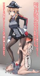 Rule 34 | 79g, anchor hair ornament, bdsm, black hair, black pantyhose, blonde hair, boots, clothed female nude male, commission, face squeeze, femdom, footjob, gloves, green eyes, grey footwear, groin, hair ornament, hat, highres, kantai collection, microskirt, nude, open mouth, pantyhose, peaked cap, prinz eugen (kancolle), sadism, shoejob, short hair, skeb commission, skirt, stomping, translation request, twintails, white gloves