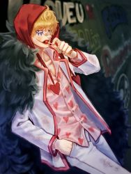 Rule 34 | 1boy, blonde hair, candy, coat, collared shirt, commentary request, dirty, dirty clothes, donquixote rocinante, feet out of frame, food, heart, heart print, highres, hood, leaning back, lollipop, looking at viewer, makeup, male focus, one piece, open clothes, open coat, pink shirt, shirt, short hair, solo, toyoura (23066494)