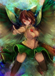 Rule 34 | 1girl, abstract background, arm cannon, black thighhighs, black wings, bow, breasts, brown hair, bursting breasts, cape, cleavage, collared shirt, feathered wings, green skirt, hair bow, highres, index finger raised, kami amane kurohime, large breasts, large wings, looking at viewer, messy hair, miniskirt, open clothes, open shirt, parted lips, red eyes, reiuji utsuho, shinshuu kokki, shirt, skirt, sleeveless, sleeveless shirt, solo, spread wings, thighhighs, third eye, touhou, upper body, weapon, white shirt, wind, wind lift, wings, zettai ryouiki