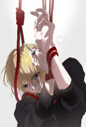Rule 34 | 1boy, absurdres, artist name, black sweater, blonde hair, blue eyes, bound, bound wrists, closed mouth, commentary request, ddu 45, hair between eyes, heart, highres, holding, holding pen, kamiki hikaru, korean commentary, long sleeves, looking at viewer, male focus, noose, oshi no ko, pen, red rope, rope, self-harm scar, short hair, simple background, solo, star-shaped pupils, star (symbol), sweater, symbol-shaped pupils, upper body, v, white background