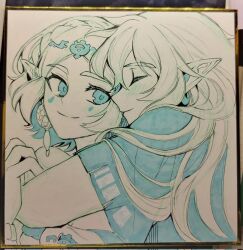 Rule 34 | 1boy, 1girl, archaic set (zelda), blush, braid, chinese commentary, circlet, closed eyes, closed mouth, corrupted twitter file, couple, crown braid, earrings, facial mark, hair over shoulder, hetero, highres, hug, jewelry, link, long hair, looking at another, marker (medium), monochrome, nintendo, photo (medium), pointy ears, princess zelda, shikishi, short hair, shuo yue, simple background, smile, the legend of zelda, the legend of zelda: tears of the kingdom, traditional media, upper body
