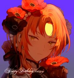 Rule 34 | 1boy, 2022, anemone (flower), black flower, blue background, closed mouth, commentary, ensemble stars!, expressionless, flower, green eyes, hana no otage, happy birthday, highres, holding, holding flower, looking at viewer, low side ponytail, male focus, medium hair, multicolored background, orange hair, purple background, red flower, solo, tsukinaga leo