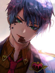 Rule 34 | 1boy, blue eyes, blue hair, brown shirt, collared shirt, colored eyelashes, deuce spade, dutch angle, eyeshadow, facial mark, fur trim, green eyes, hasura (coconutice), heart, highres, jacket, light smile, lipstick, looking at viewer, makeup, male focus, mouth hold, necktie, portrait, red necktie, shirt, short hair, smile, solo, spade (shape), twisted wonderland, white background