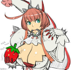 Rule 34 | 1girl, ahoge, akairiot, aqua eyes, breasts, cleavage, cleavage cutout, clothing cutout, elphelt valentine, explosive, food, fruit, gloves, grenade, grenade pin, guilty gear, guilty gear xrd, hat, huge breasts, mouth hold, red hair, simple background, solo, spikes, strawberry