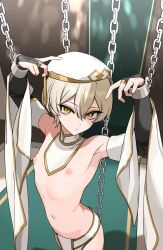 Rule 34 | 1boy, armpits, ayus4534, bdsm, bridal gauntlets, chain, frown, hat, highres, looking at viewer, male focus, navel, nipples, original, pectorals, short hair, solo, standing, topless, trap, white hair, white hat, yellow eyes