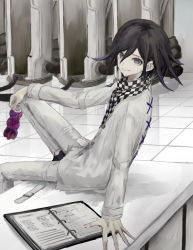Rule 34 | 1boy, arm support, binder, black hair, bottle, checkered clothes, checkered neckwear, checkered scarf, commentary request, danganronpa (series), danganronpa v3: killing harmony, fanta, hair between eyes, highres, holding, iumi urura, long sleeves, looking at viewer, male focus, oma kokichi, pants, scarf, sitting, smile, soda bottle, solo, straitjacket