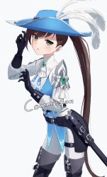 Rule 34 | 1girl, armor, black gloves, black survival, black thighhighs, blouse, blue hat, blue shirt, brown hair, cavalier hat, commission, contrapposto, cowboy shot, eternal return: black survival, feathers, fiora pellerin, gloves, green eyes, hand up, hat, highres, long hair, looking at viewer, minn (kangjm1107), musketeer, pants, parted lips, pauldrons, ponytail, sheath, shirt, shoulder armor, single pauldron, solo, standing, sweatdrop, thighhighs, very long hair, white pants