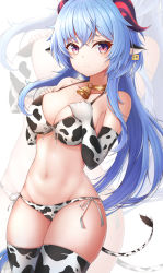 Rule 34 | 1girl, animal ears, animal print, bare shoulders, bell, bikini, blue hair, blush, breasts, cleavage, cow ears, cow girl, cow print, cow tail, cowbell, elbow gloves, ganyu (genshin impact), genshin impact, gloves, hands on own chest, highres, horns, long hair, looking at viewer, medium breasts, nahanmin, purple eyes, solo, swimsuit, tail, thighhighs