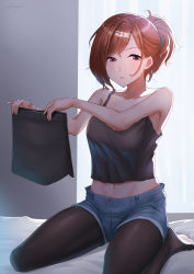 Rule 34 | 1girl, :o, alternate hairstyle, bare arms, bed, bed sheet, black pantyhose, black skirt, blush, breasts, brown hair, camisole, cleavage, collarbone, curtains, hair ornament, hairclip, highres, higuchi madoka, holding, holding clothes, holding skirt, idolmaster, idolmaster shiny colors, indoors, looking at viewer, medium breasts, miniskirt, navel, on bed, open mouth, pantyhose, pantyhose under shorts, purple eyes, revision, shorts, shougun (chuckni1), signature, sitting, skirt, sleeveless, soles, solo, unworn skirt, yokozuwari