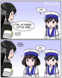 Rule 34 | !, !!, 2koma, 3girls, admiral paru, black eyes, blue background, brown eyes, comic, commentary, creator connection, daitou (kancolle), dress, english text, gradient background, hat, headgear, hiburi (kancolle), kantai collection, long hair, low twintails, multiple girls, nagato (kancolle), remodel (kantai collection), sailor dress, sailor hat, short hair, spoken exclamation mark, triangle mouth, twintails, twitter username, upper body, white dress, white hat