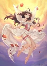 Rule 34 | 1girl, artist name, bare shoulders, barefoot, breasts, brown hair, cleavage, corset, dress, floating hair, flower, flying, full body, hair flower, hair ornament, bridal garter, long hair, looking at viewer, medium breasts, nayoung wooh, parted lips, petals, red eyes, sky, solo, strapless, strapless dress, wings