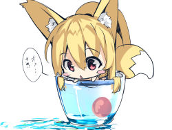 Rule 34 | 1girl, :&lt;, animal ears, blonde hair, blush stickers, chibi, cup, drinking glass, fox ears, fox girl, fox tail, hair between eyes, in container, long hair, original, red eyes, sidelocks, solo, tail, translated, triangle mouth, water, white background, yuuji (yukimimi)