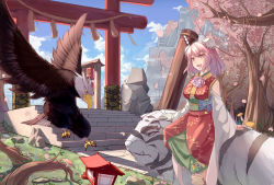 Rule 34 | &gt;:d, 1girl, :d, adapted costume, bandages, bandaged hand, bandages, bare shoulders, bird, blue sky, bow, bun cover, cherry blossoms, cloud, commentary request, day, double bun, eagle, flower, geta, highres, ibaraki kasen, long sleeves, mushroom, open mouth, petals, pink eyes, pink hair, rock, rope, shimenawa, sitting on animal, sky, smile, solo, stairs, striped, striped bow, tiger, torii, touhou, tree, v-shaped eyebrows, white tiger, wide sleeves, yuan zi